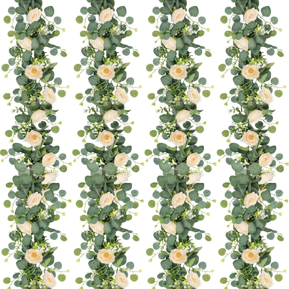 

TOCHGREEN 4 Pack 24Ft Artificial Eucalyptus Flower Garland with Champagne Roses, Fake Rose Flower Greenery Garland Floral
