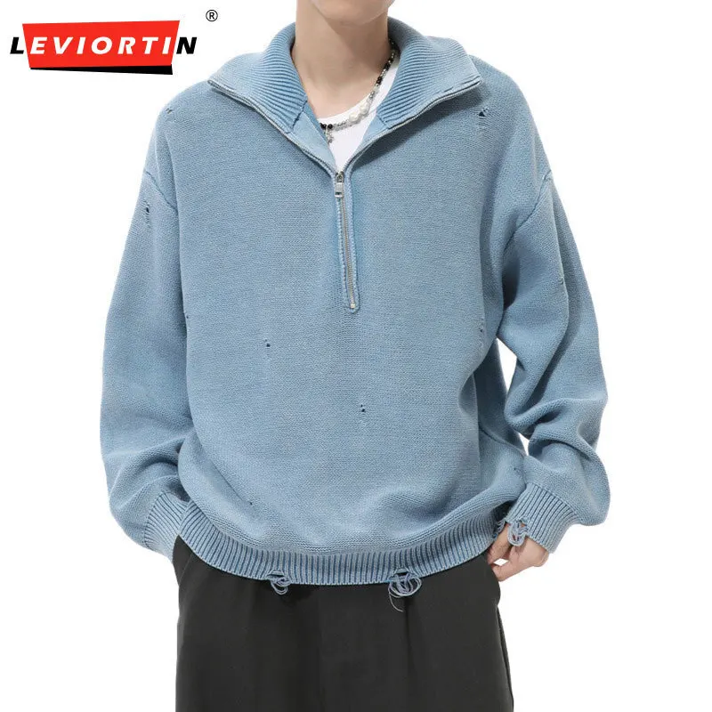 

LEVIORTIN 2024 autumn men's niche perforated design half zipper lapel solid color knit new fashionable men's pullover men's top