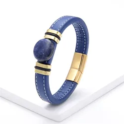 2022 New Flat Round Natural Stone Vintage Jewelry Stainless Steel Men's Bracelet Wide Leather Cord Charm Bracelet