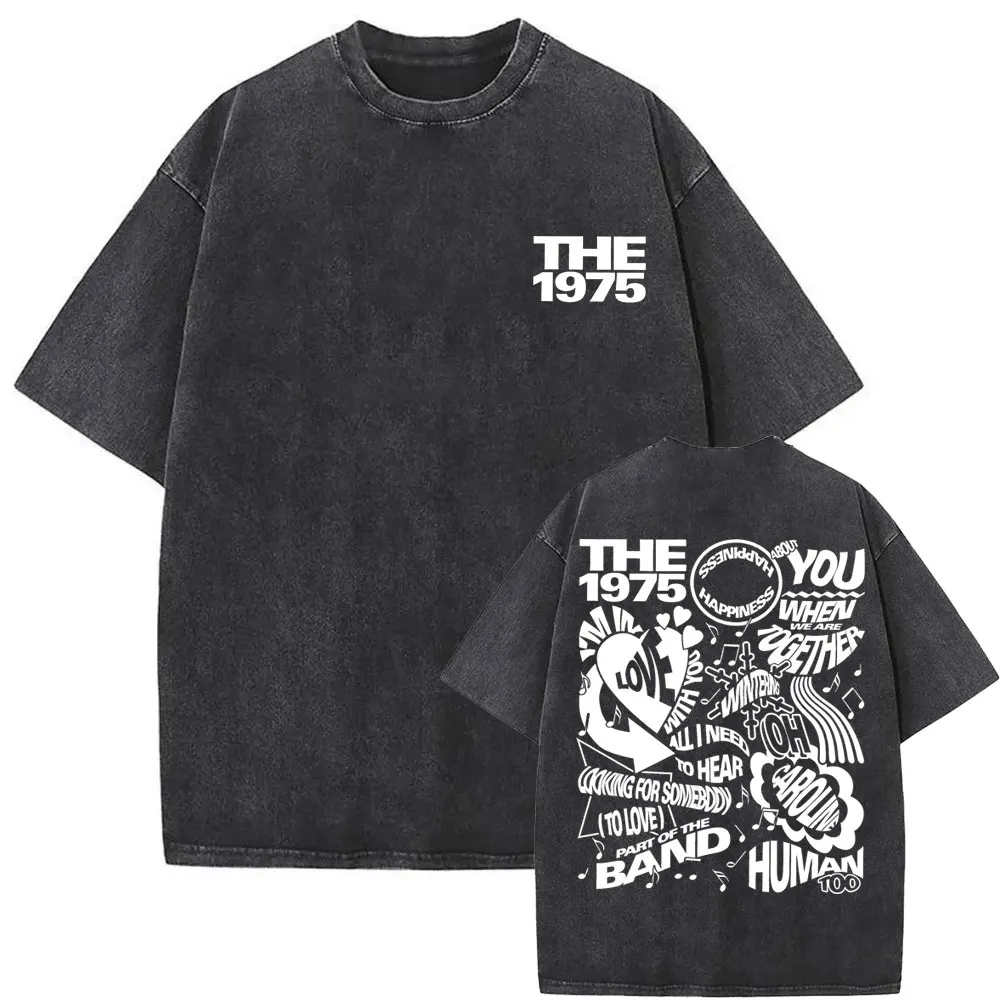 

Washed Vintage British Band The 1975 Double Sided Print Tshirt Men Gothic Casual Oversized T-shirt Male Hip Hop Rock Streetwear