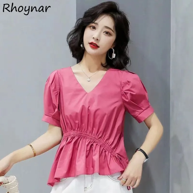 

Однотонная женская рубашка с V-образным вырезом, модная повседневная универсальная рубашка в Корейском стиле, модная простая, милая, Уютная летняя одежда для девушек