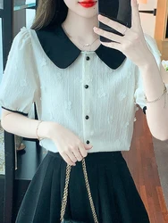 Summer Short Sleeve Blouse Women Blusas Mujer De Moda 2024 Verano Doll Collar Apricot Chiffon Blouse Shirt Women Tops Blusa G670