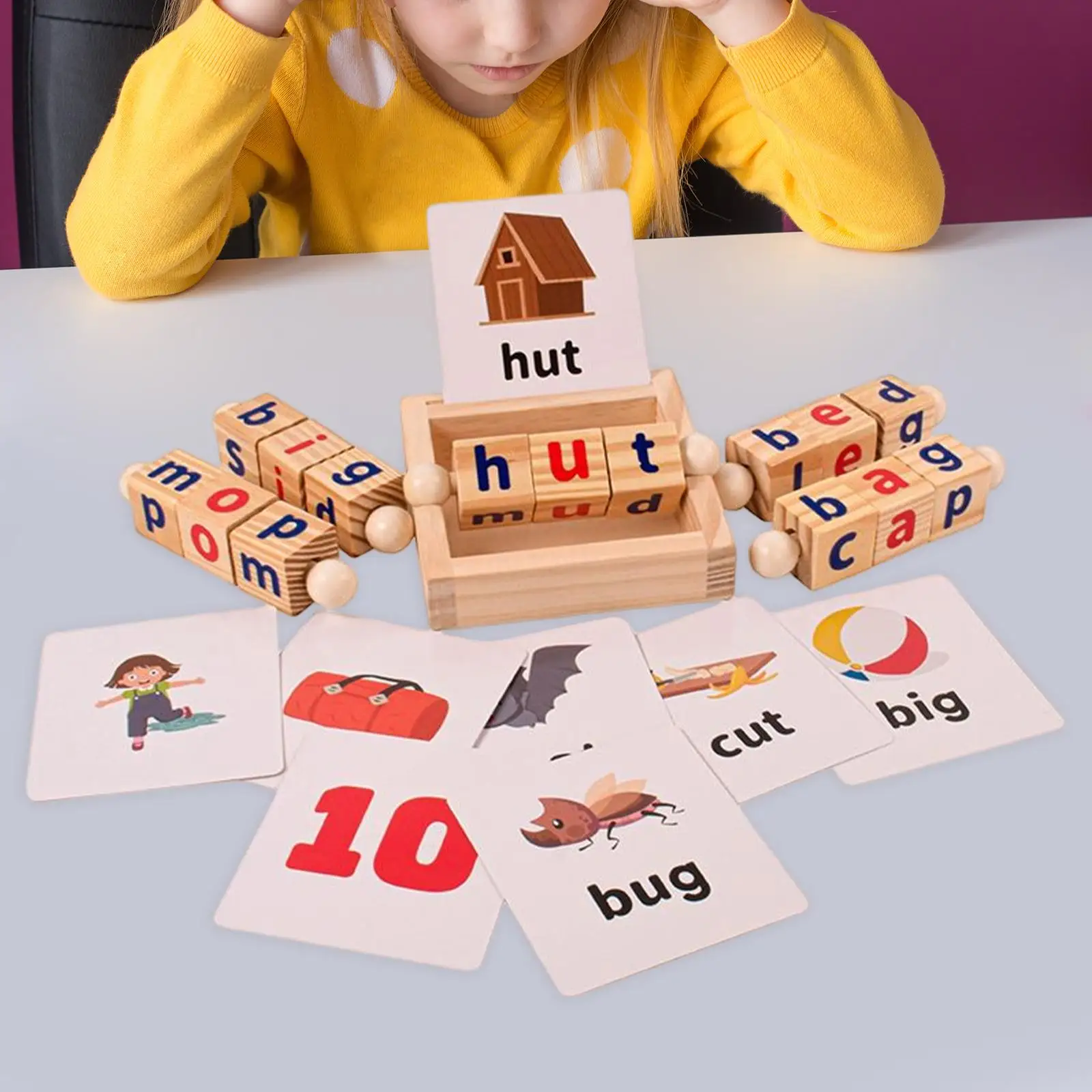 Wooden Reading Blocks Flash Cards Spelling Toy Short Vowel Turning Rotating