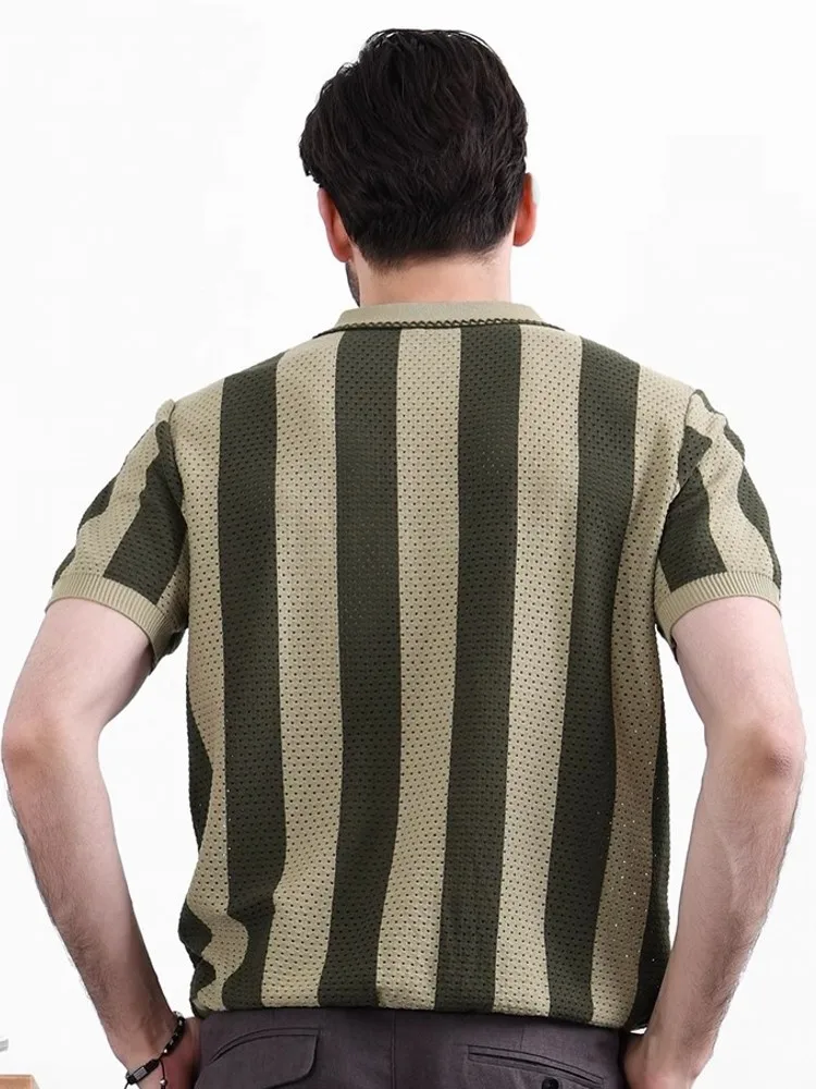 Vintage Mens Colors Mixed Striped Summer Knitted T Shirts Zip Lapel Collar Short Sleeve Business Casual Work Tops Pullover Tees