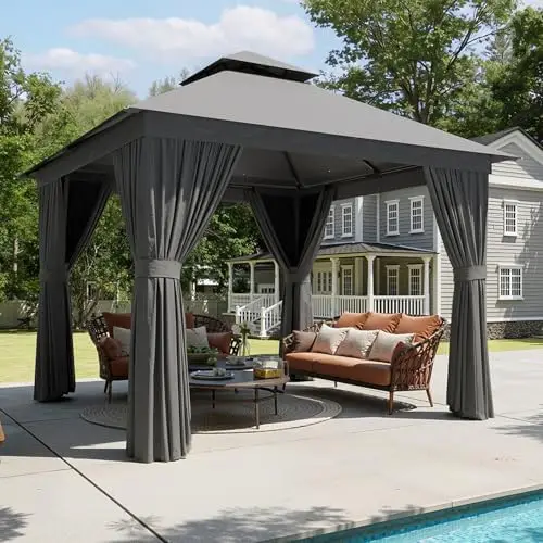 10x10 Outdoor Gazebo for Patio, Metal Frame Canopy Gazebo Double Roof Heavy Duty Backyard Gazebo with Mosquito Netting