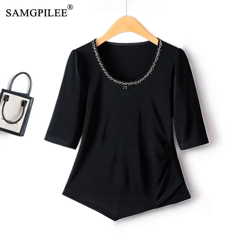 

Fashion Bottoming Shirt 2023 Light Luxury Beaded Hollow Lace O Neck Short Sleeve Waist Pinched Pleated Lace Female T-shirts 4XL