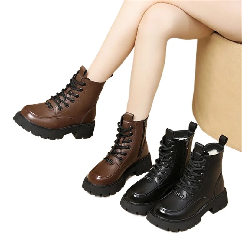 

New Size 35-40 Plush Warm Women's High Boots for Woman Platform Boots 2025 Flat Heel Women's Fashion Leather Winter Snow Boots