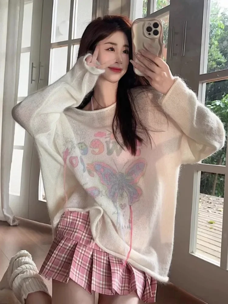 

Sweet Print Knitted Pullover Women Autumn Loose Off Shoulder Thin Sweater Fashion Transparent Long Sleeve Top