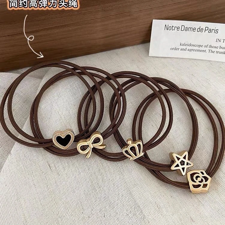 5PFashion Alloy Heart Flower Pentagram Ornament Elastic Hair Bands Basic Black Brown Thin Rubber Bands High Elasticity Hair Ties