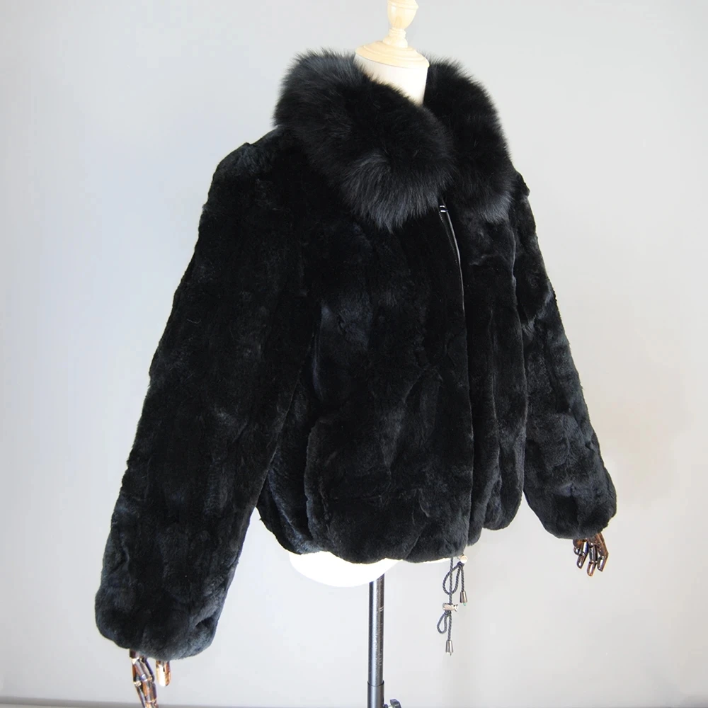 Hot Sale Mulheres Inverno Grosso Quente Qualidade Macia Real Rex Rabbit Fur Coat Rex Rabbit Fur Jacket Com Real Fox Fur Collar Overcoat