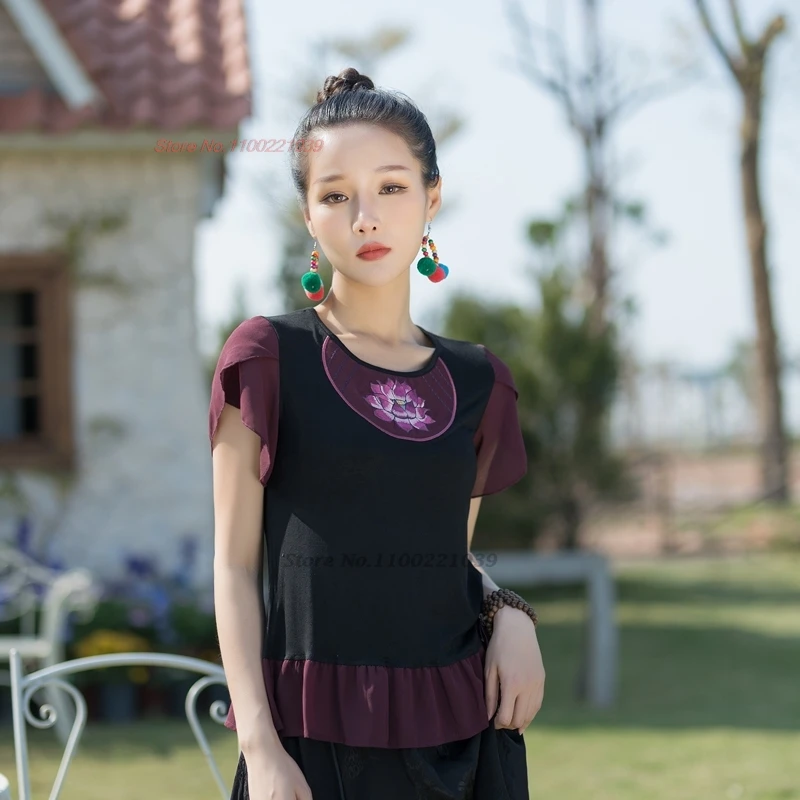 2025 chinese traditional t-shirt national flower embroidery o-neck chiffon shirt retro vintage base shirt improved hanfu tops