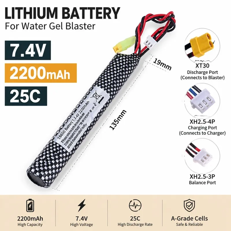 for 7.4V 2200mAh 18650 Lithium Battery 25C High Discharge for Electric Toy Soft Bullet Special Core Accessories