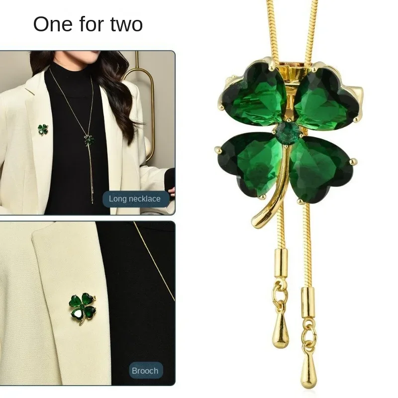 2024 New Green Crystal Clover Long Necklace for Women Classic Sweater Chain Brooch Two Ways To Wear