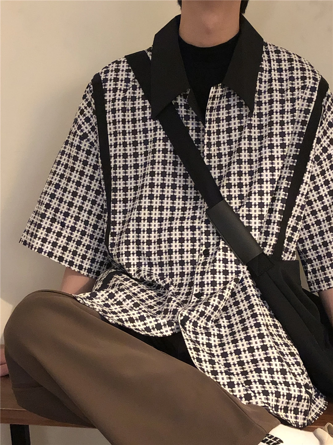 

Ретро Гонконг Sle Plaid ort Sve Мужской irt Design Sensation Small Cro Turn Collar irt Jaet Модный летний новый ...