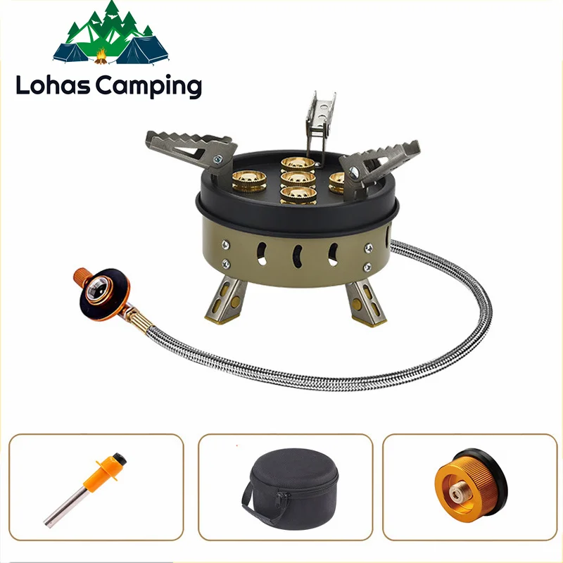 Lohascamping Portable Five head Camping Burner Gas Stove High Power Barbecue Picnic Griddle Burner Outdoor  windproof Cookware