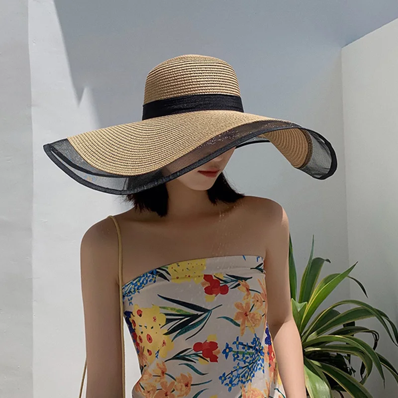 Summer Straw Hat For Women Girls Visors Female Protection Big Eaves Organza Fashion Straw Bucket Hat Foldable Beach Panama Caps