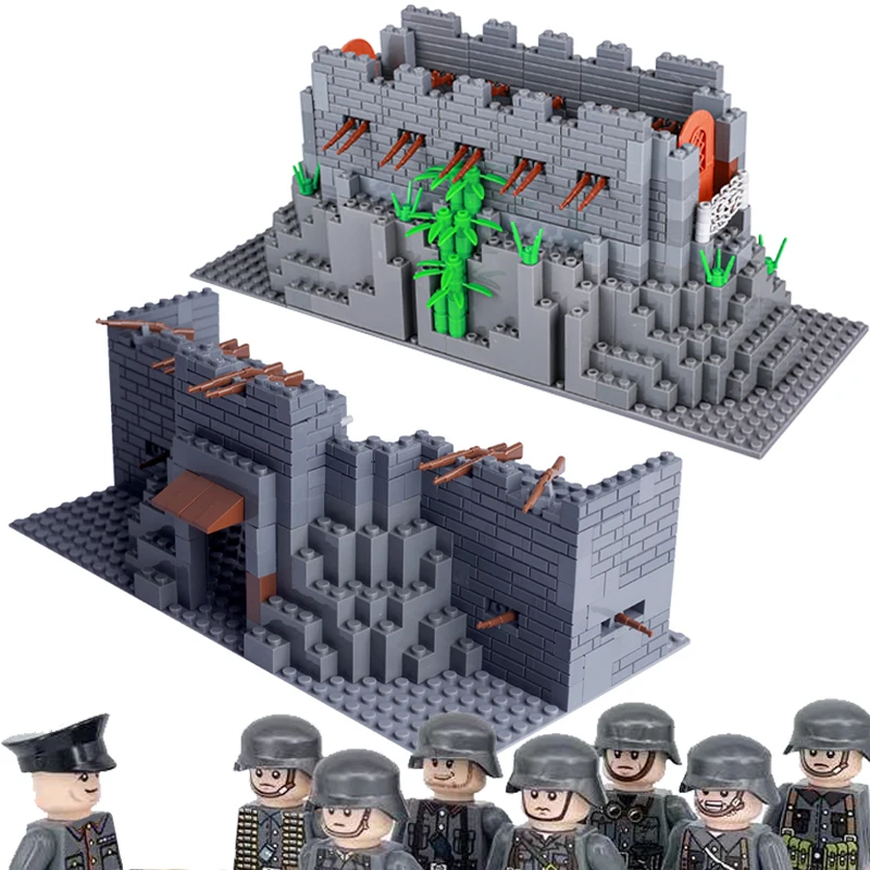 

World War 2 WW2 Army Armor Fortress Wall Ruins Building Blocks Military Soldier Weapons City Police SWAT Model Bricks Kids Toys