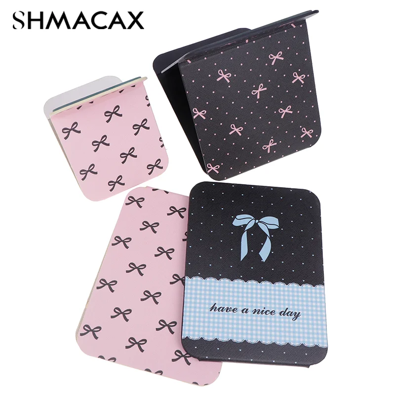 Desktop Makeup Mirror Bow PU Leather Simple Portable Handheld Makeup Mirror Foldable Student Compact Cute Pocket Mirror