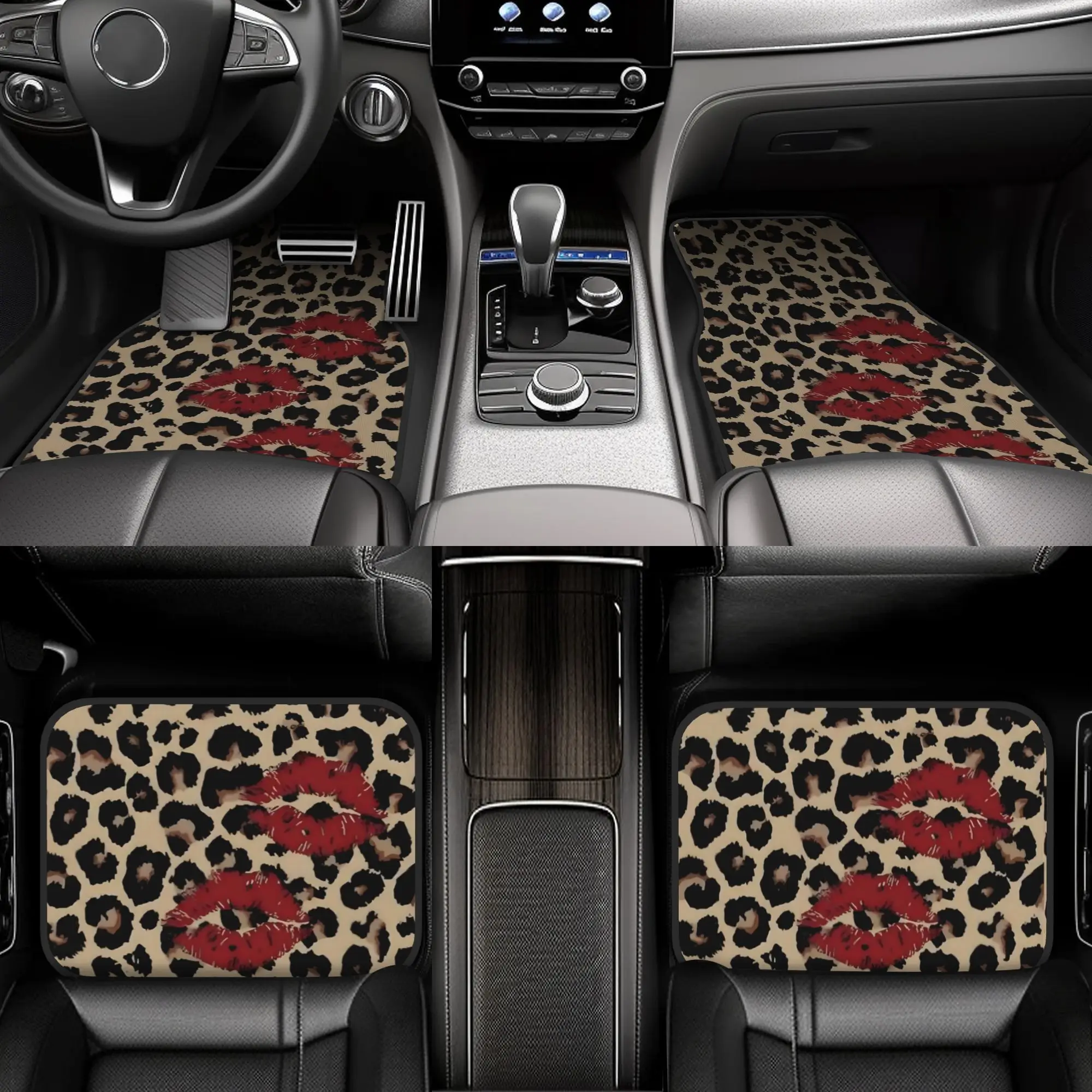 4pcs Leopard Print Car Floor Mats With Red Lip Design Polyester Fiber Universal Fit Car Floor Mats Car Additions Interior Decor