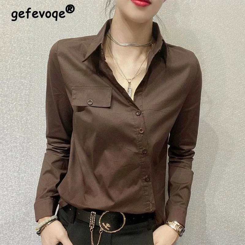 Primavera outono escritório de grandes dimensões senhora elegante moda botões camisa feminina manga longa all-match casual blusa roupas femininas