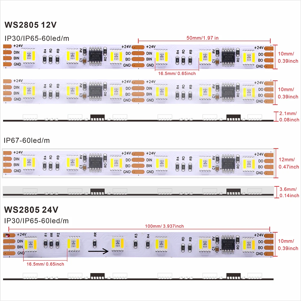 WS2805 بكسل LED قطاع ضوء RGBCCT 5 في 1 أضواء Led قابلة للعنونة إشارة مزدوجة RGB WW CW 3000K-6500K 12V 24V 60LED 1IC إلى 4/6LED