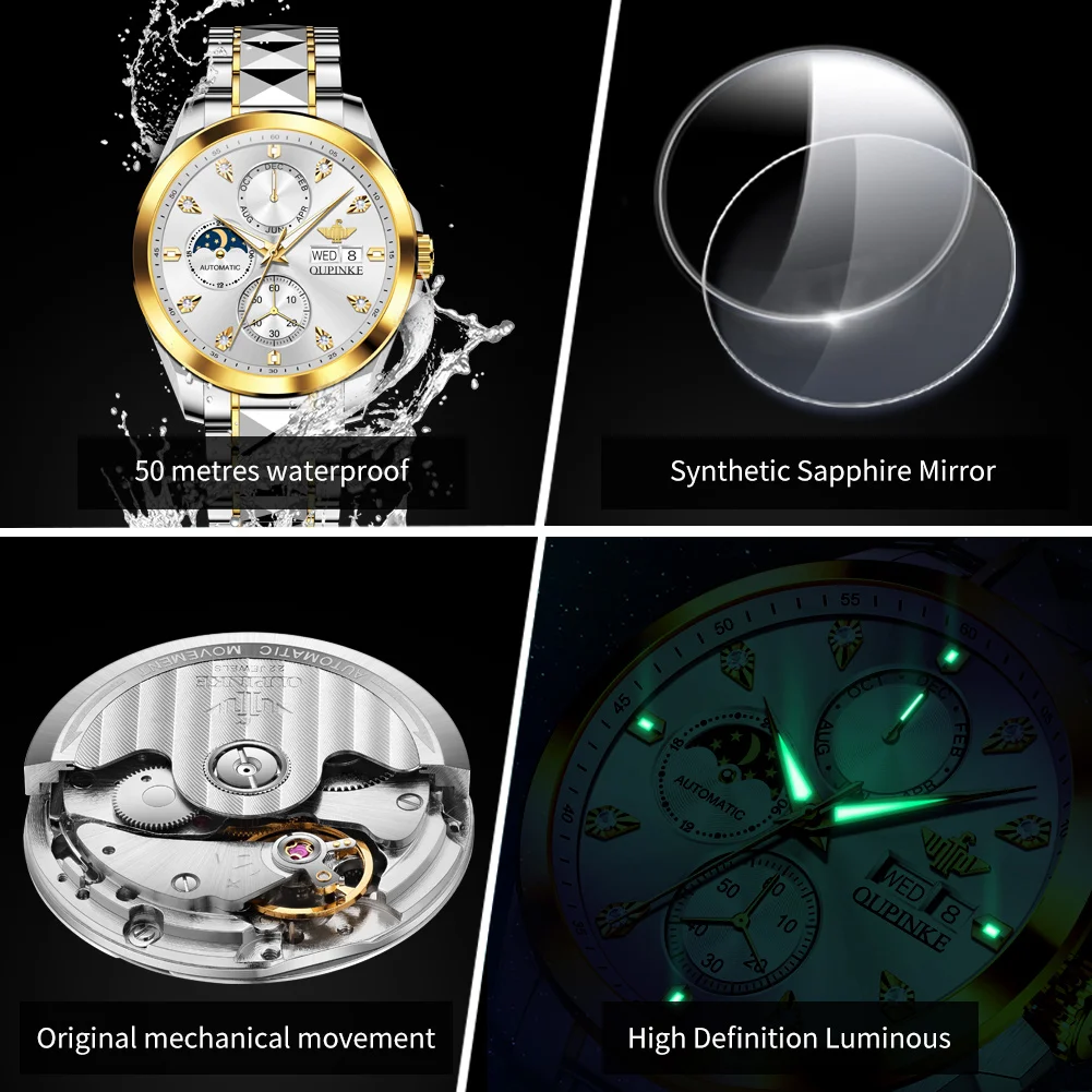 OUPINKE 3298 Auto Date Original Mechanical Watch For Men Luxury Waterproof Tungsten Steel Strap Clock Moon Phase Man Dress Watch