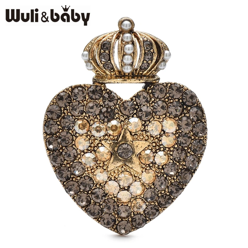 Wuli & baby vintage coroa coração broches strass amor broche para roupas femininas mochila pinos presentes