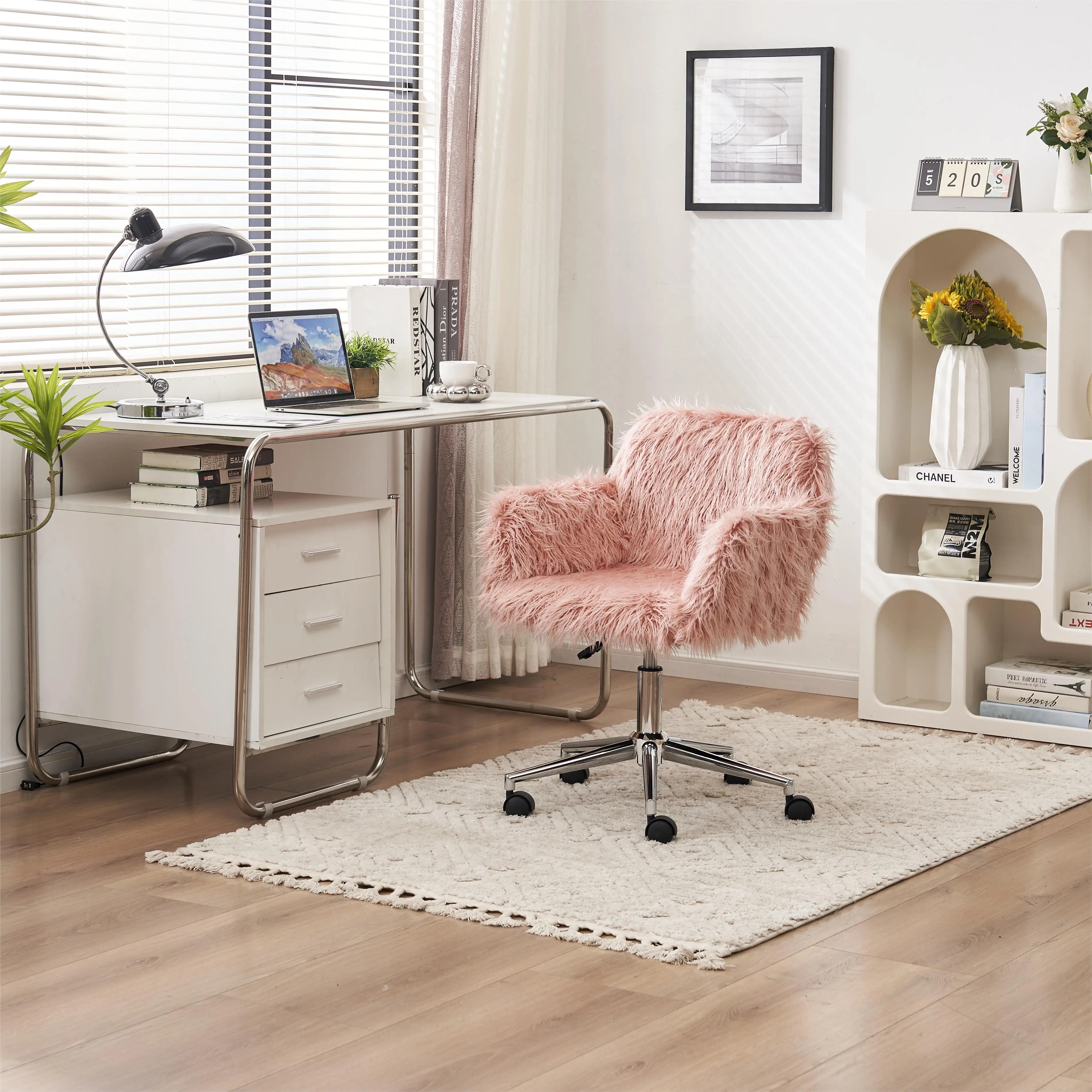 VSOGA Adjustable Work chair with Turn Function Wear Resistant Faux Fur Cushion Office Chair Pink