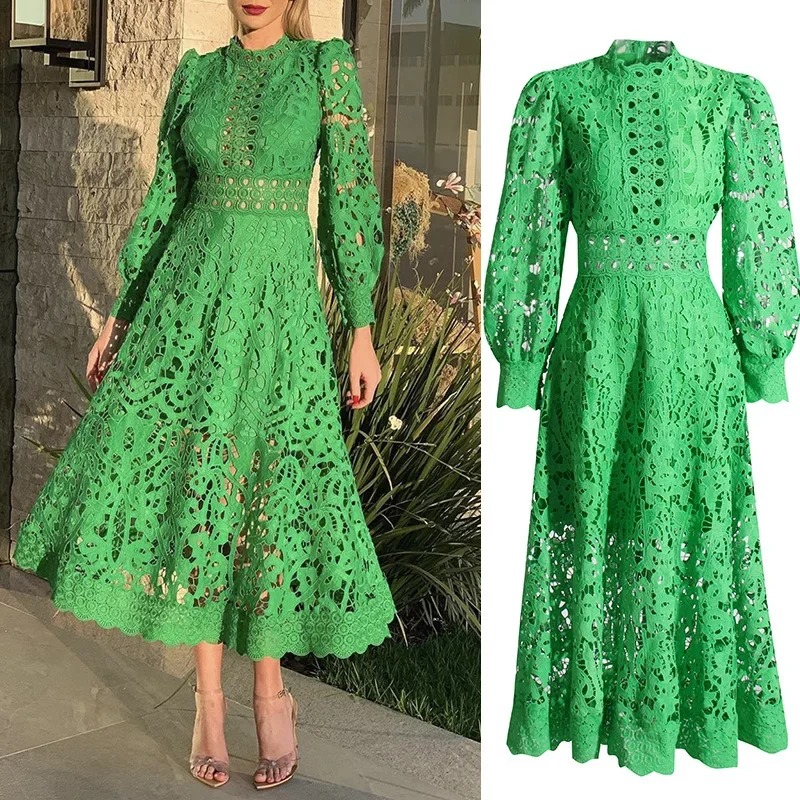 Lace maxi dress Puff sleeve long sleeve embroidered dress