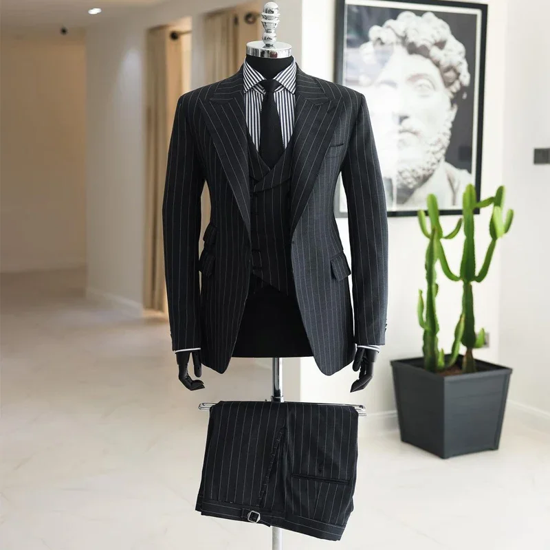 

Pinstripe Men Suits For Business 2024 3 Pcs Wedding Tuxedo Groom Male Fashion Costume (Jacket + Pants + Vest)