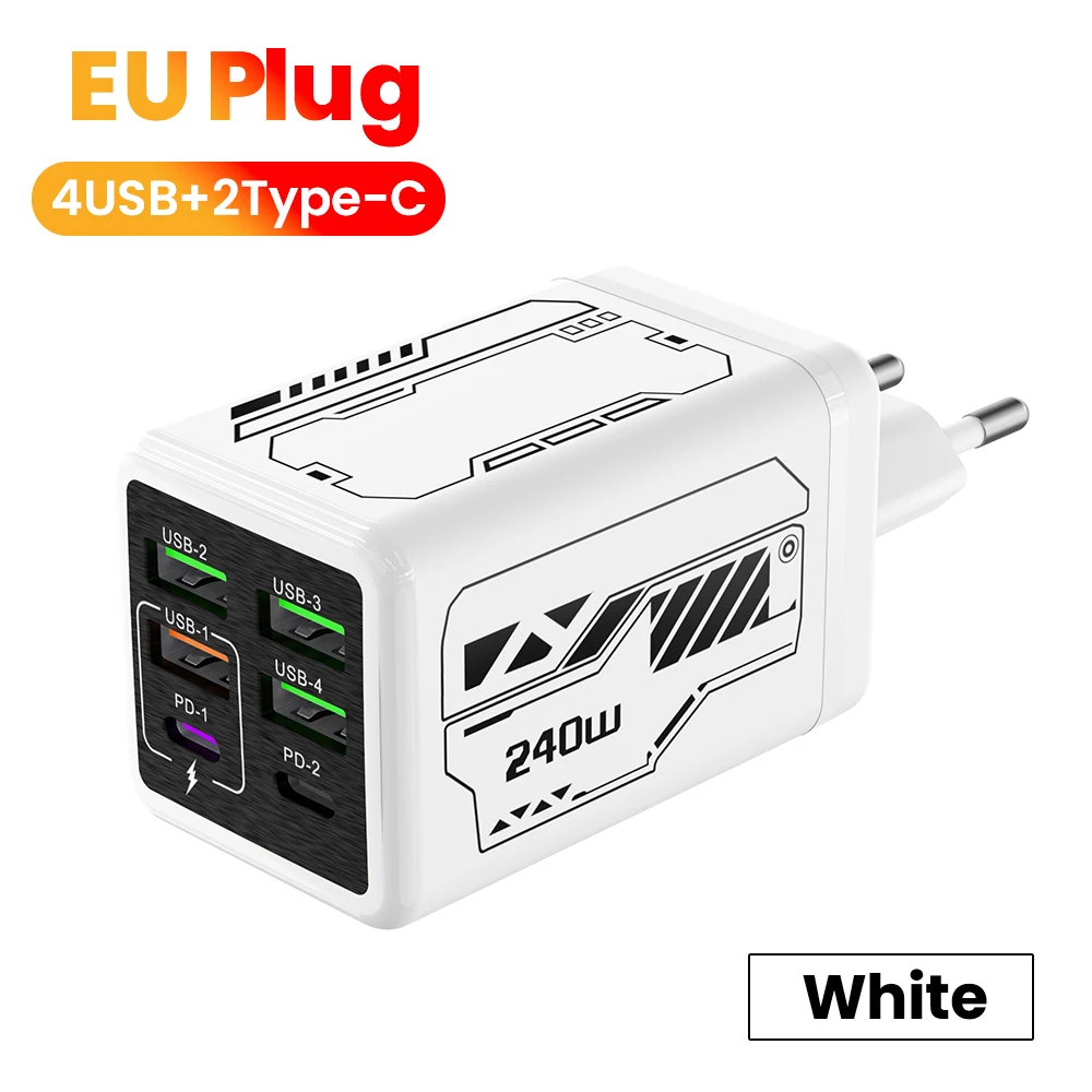 240 W 6 Poorten 4 USB + 2 Type C Super Snel Opladen Mobiele Telefoon Oplader USB3.0 PD3.0 EU/UK/US Oplader Voor Iphone 17 16 Samsung POCO