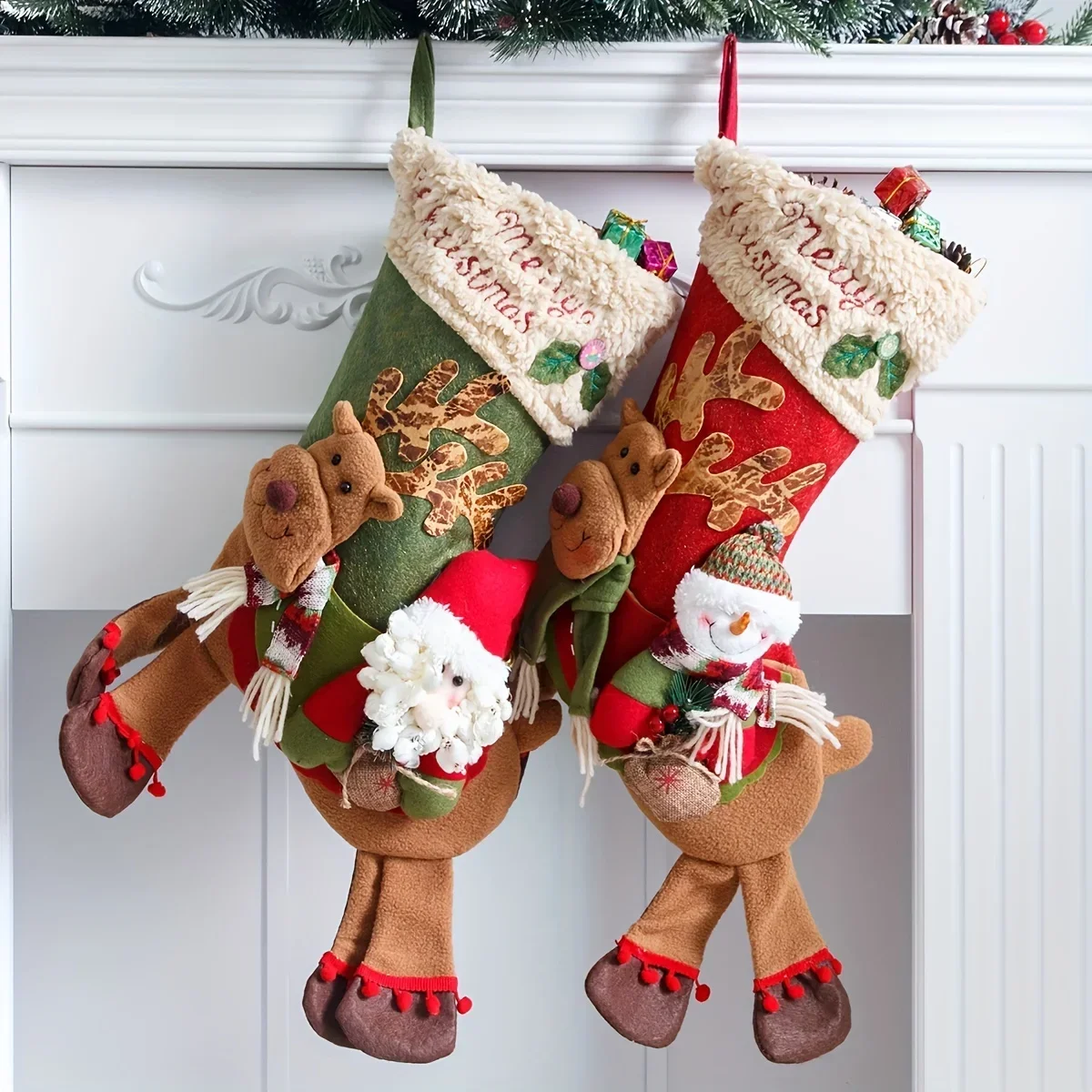 

2pcs, Long Legged Santa Claus Snowman Riding A Deer Large Socks Children's Christmas Gifts Apple Bag Decorations Christmas Socks