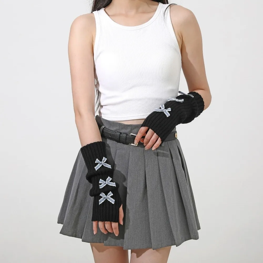 Fashion Thicken Bow Arm Warmers Long Knit Soft Knitted Y2K Fingerless Gloves Sweet Bowknot Sleeve Cover Winter
