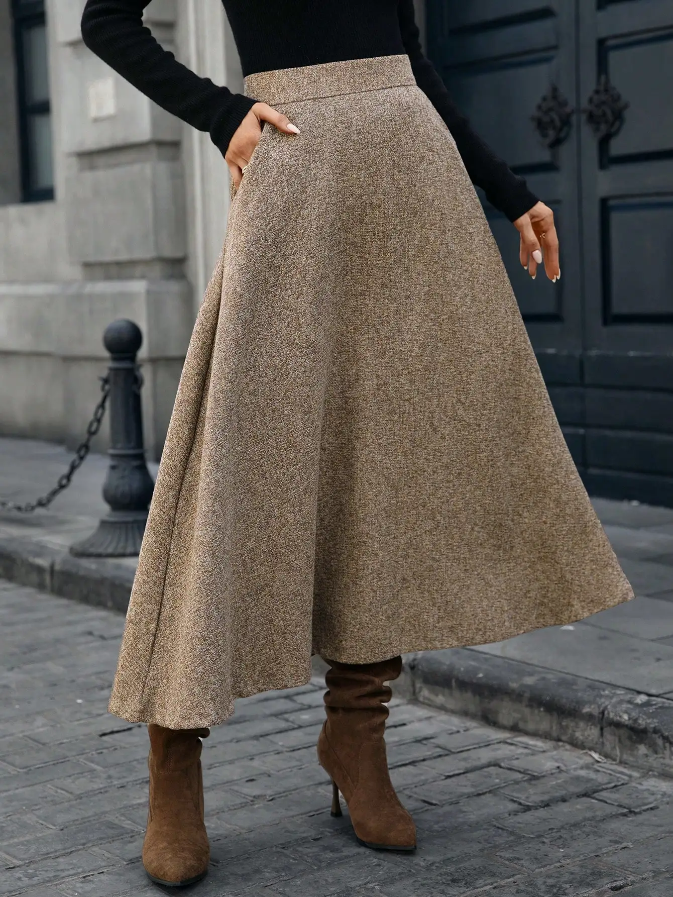 

Elegant A-Line Wool Blend Midi Skirt with Front Pocket, Casual Chic for Autumn