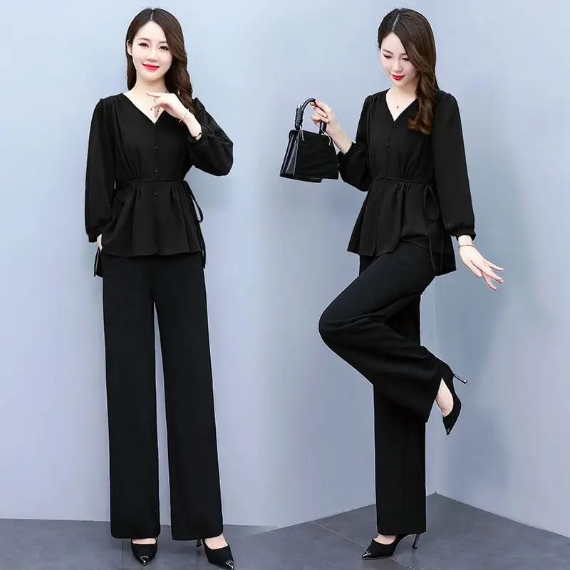 Ensemble de pantalons coréens pour femmes, col en V décontracté, plis à la taille, laçage, pantalons féminins minces, tenues solides, nouvelle mode, printemps, 2024, 2 pièces
