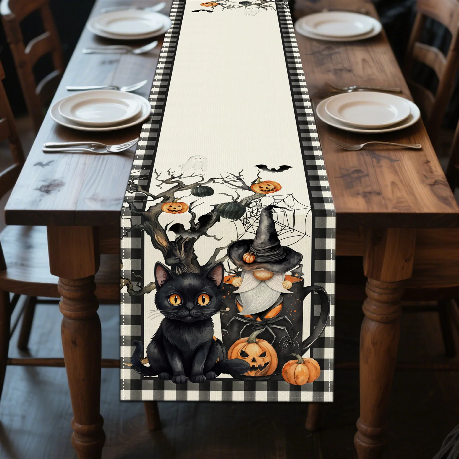 Black Cat Gnome Pumpkin Checkered Border Polyester Halloween Table Runner Kitchen Dining Indoor Outdoor Holiday Table Decor