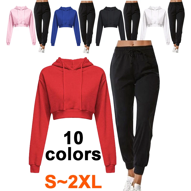 

Fashion and Sexy Open Umbilical Hoodie Set Women's Short Hoodie Sweatpants Two Piece Solid Color Hoodie Sweatshirt Set