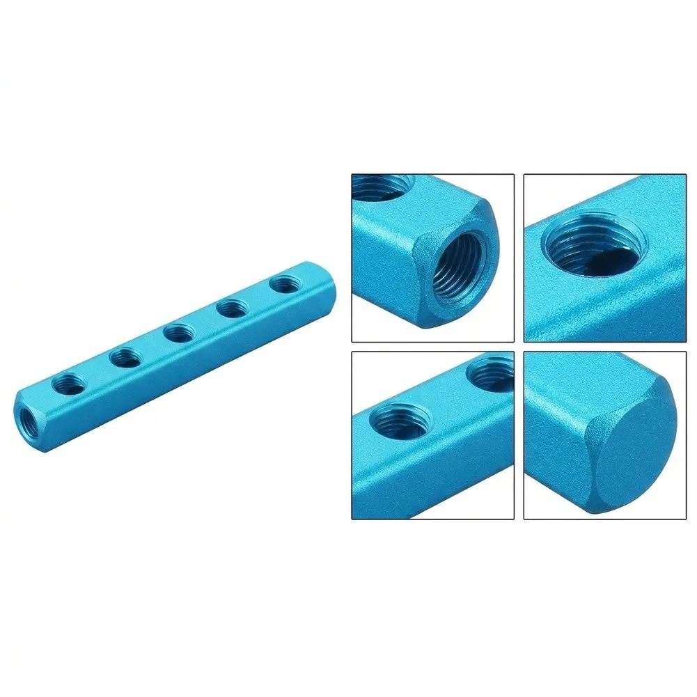 Aluminum Pneumatic Manifold Block 5 Way 8 Port with 1/4in For PT Thread for Air Flow Management in Manufacturing and Automation