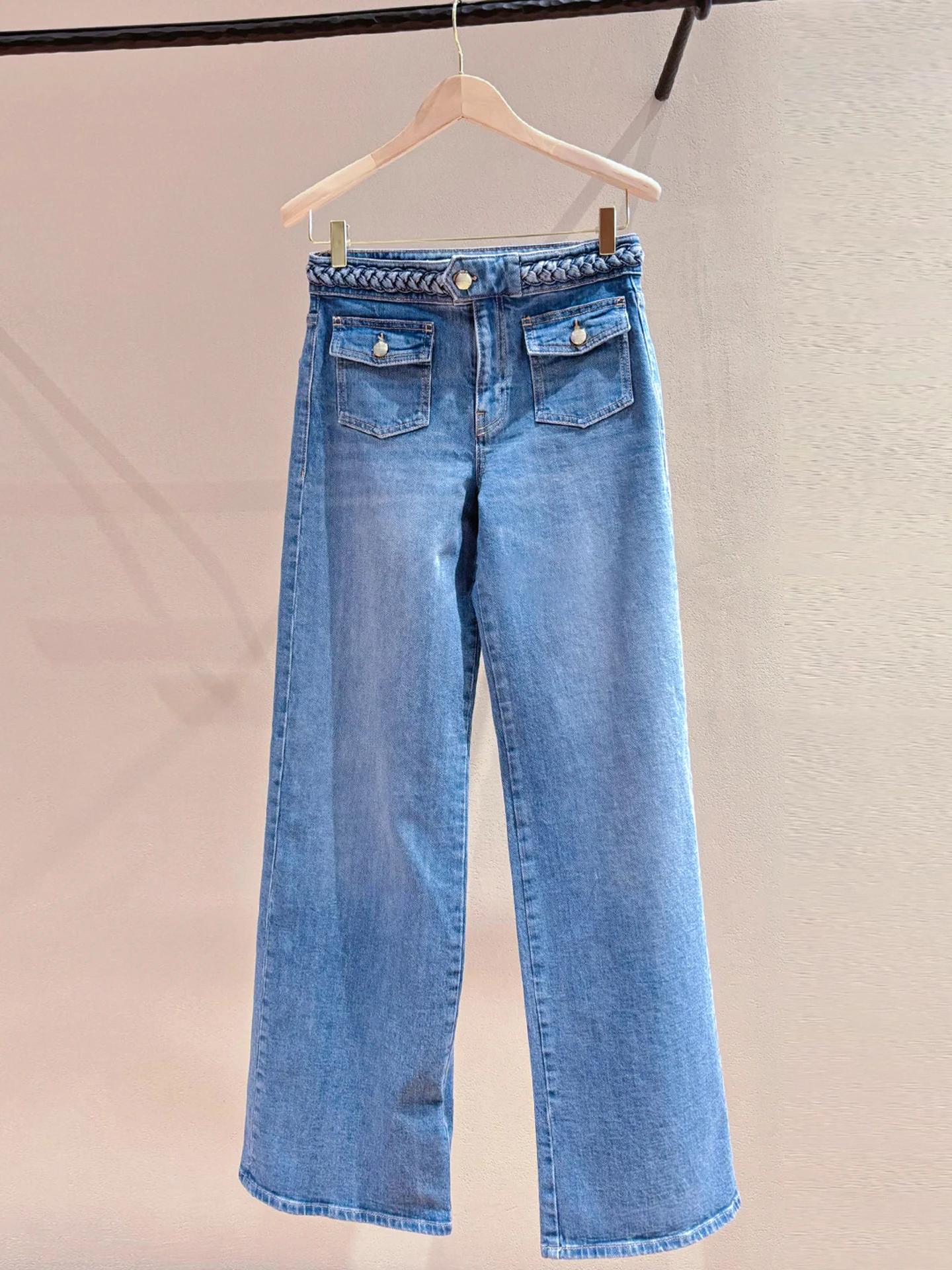 

M Home Nan You High End Women's Summer Washed Braided Rope High Waist Long Wide Leg Jeans Casual Style High Waist Wide Leg