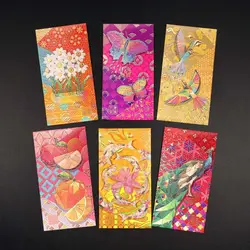 Hongbao chinês por dinheiro da sorte, ano novo, flor, envelope vermelho, festival da primavera, casamento, pavão impresso, bolsa, 6pcs, conjunto, 2024