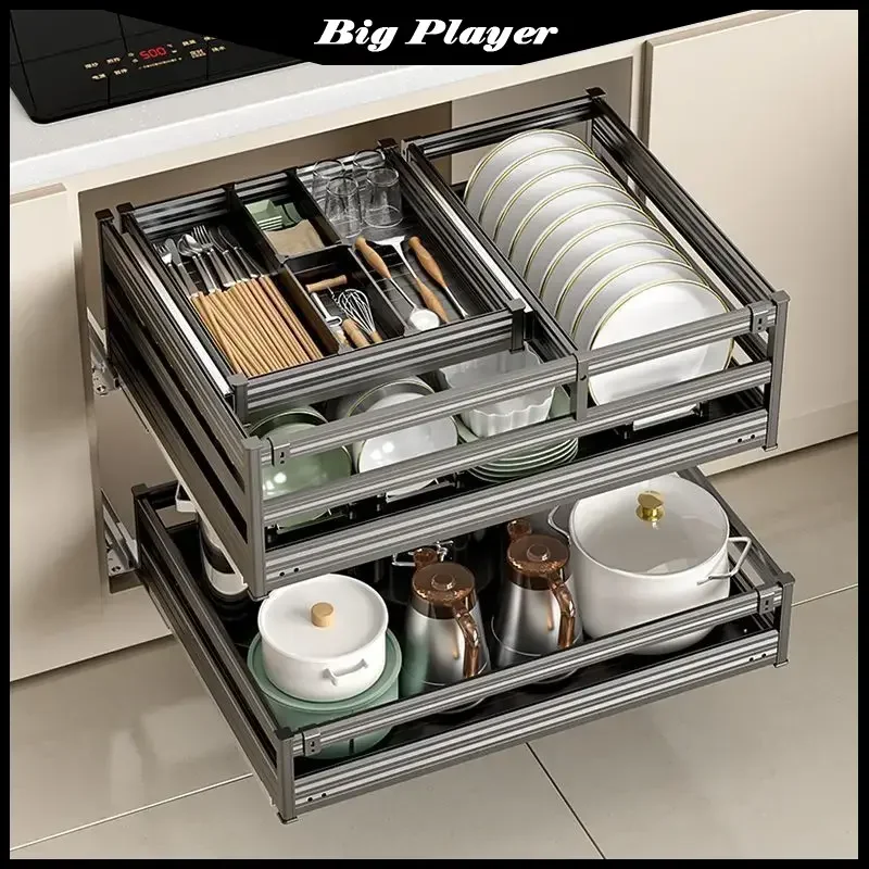 3-Tier Pull Out Drawer Basket, Thickened Kitchen Cabinet Organizer for Bowls Plates and Seasoning Storage