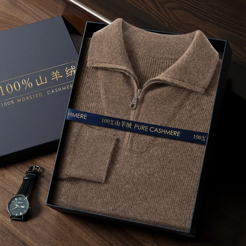 

Мужской пуловер из 100% чистого козьего кашемира с полумолнией и лацканами, вязаный свитер, зимний толстый, мягкий, удобный, деловая повседневная одежда