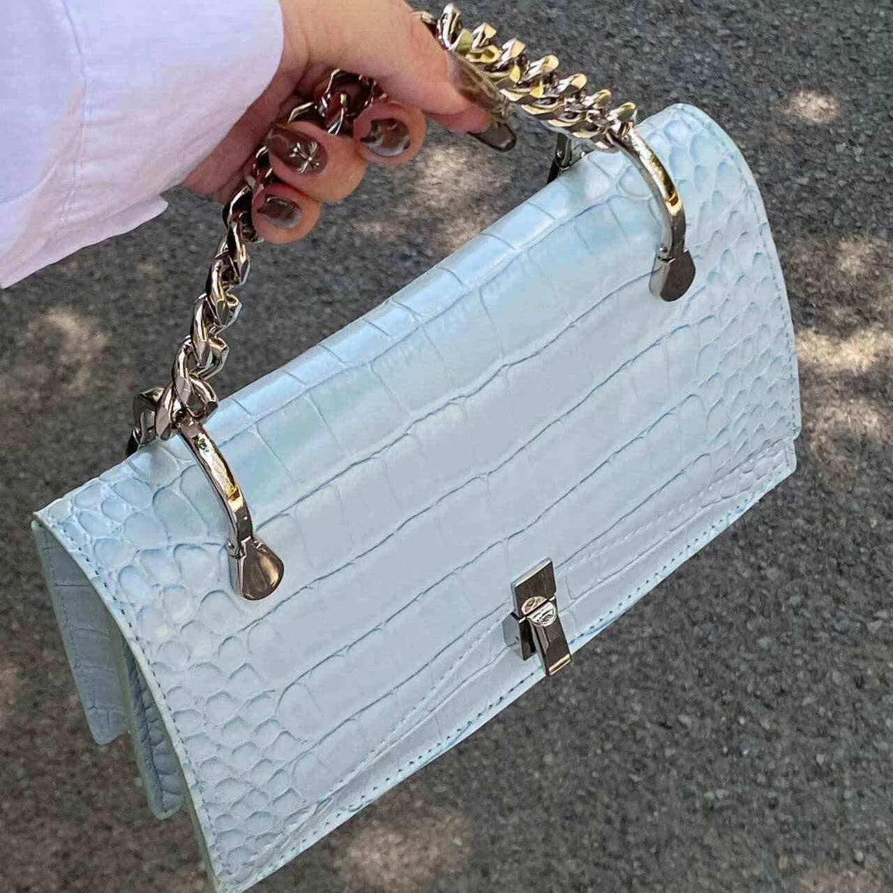 

Summer Stone Pattern Chain Crossbody Blue Bag New Women's High Quality Texture PU Single Shoulder Small Square Handheld Bag