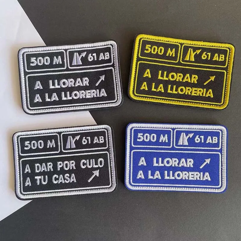 9*6CM/Spanish 500M Coordinate Road Sign Logo Fabric Applique Clothes Stickers Embroidery Hook and Loop Patches,Backpack Badges