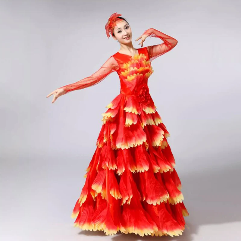 Damen Spanisches Flamenco Stierkampf-Kleid, Eröffnungstanz, Großer Schwung, Blütenblatt-Design, Klassische Kleider, Bühnentänzerin, Performance-Rock, Kostüm – Detail 10