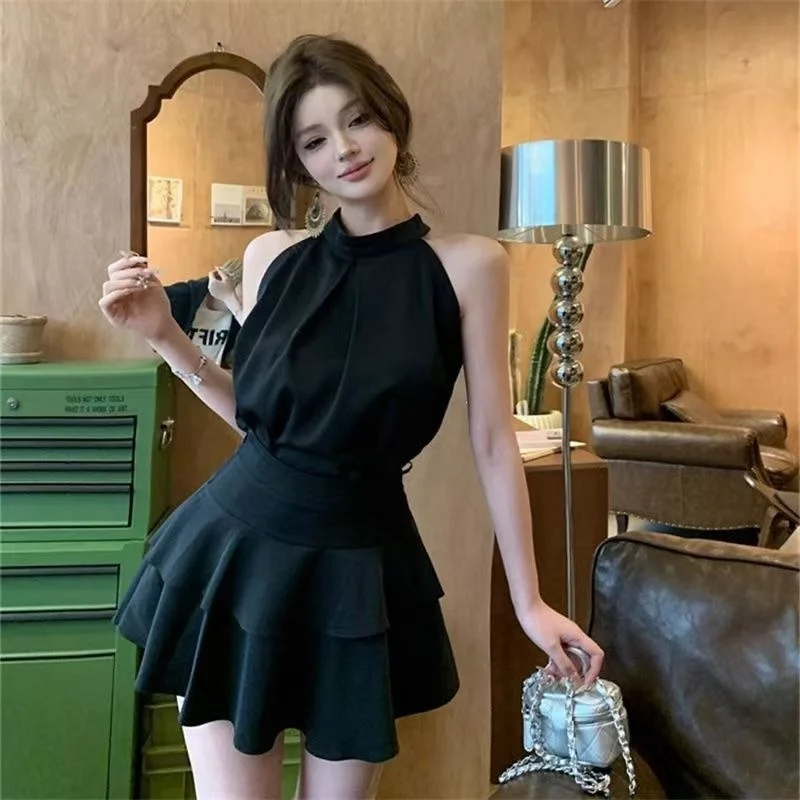 Summer Ladylike Court Style Pure Desire Top And Half Skirt Set Women's Dress Floral Lace Hemline Two-Piece Set Casual Sportswear