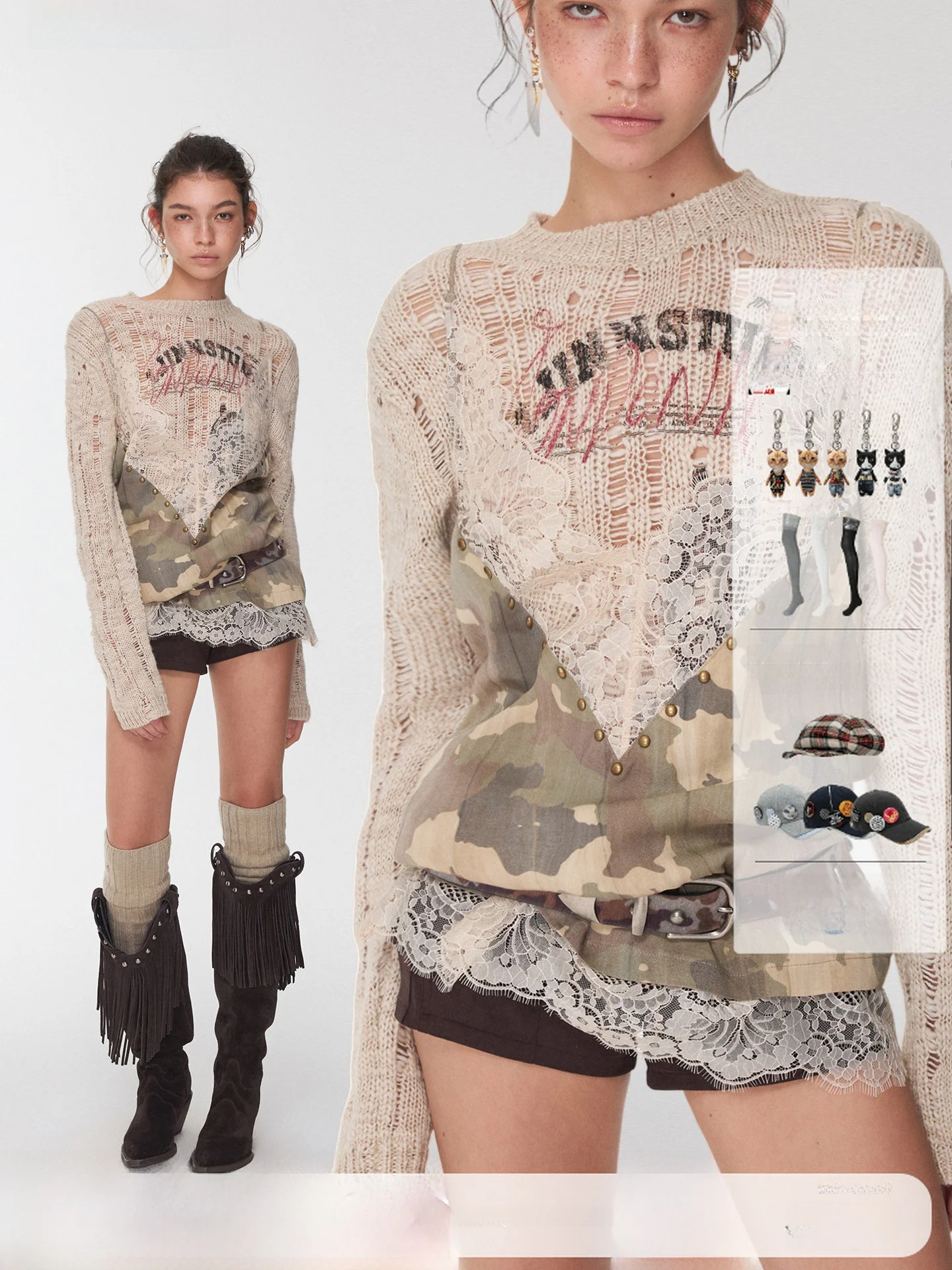 

JINN STUDIO Camouflage Lace Patchwork V-ne Strapl Tank Top Women's Outerwear Layering Slimming Top Casual Sle