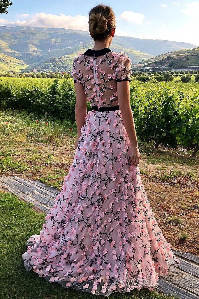 Gorgeous A Line Cap Short Sleeves Floral Long Prom Dress High Neck Lace Evening Gowns Special Occasion Women Dress