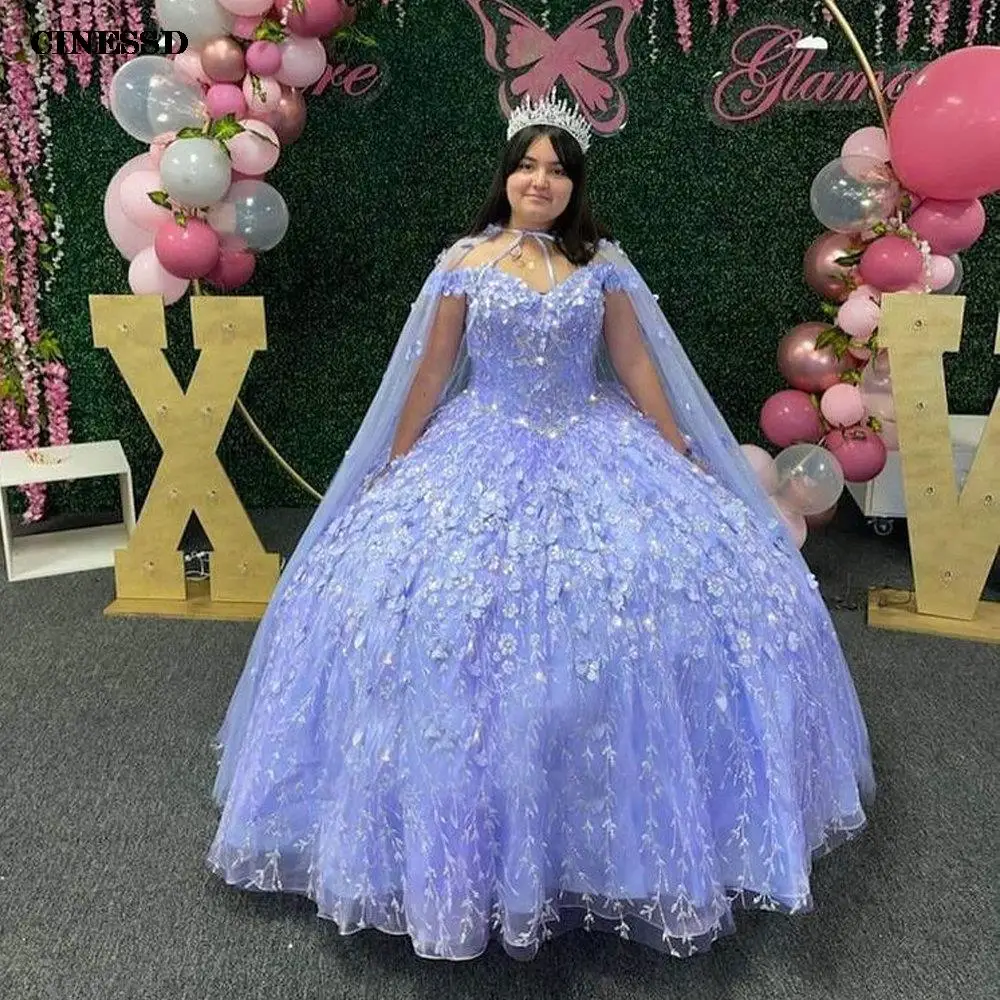 Vestidos de quinceañera con flores de encaje Floral de cristal lavanda, vestido de baile con capa, corsé de hombros descubiertos para fiesta de 15 niñas dulces