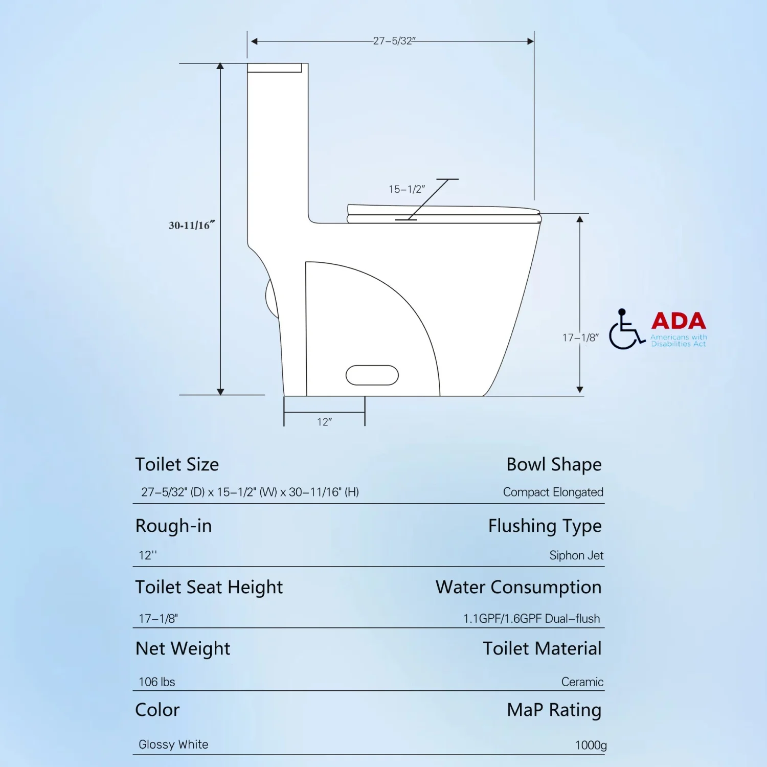 

1.1/1.6 GPF Dual Flush One-Piece Toilet, Elongated Bowl with Soft Close Seat, Water-Saving MAP 1000g, Comfort Chair Seat ADA Hei